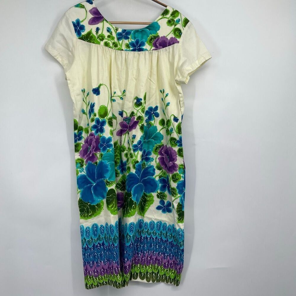 Vtg 60s Hawaii UI MAIKAI Hawaiian Floral Cotton Polynesian Party Caftan DRESS Sz - Picture 6 of 8